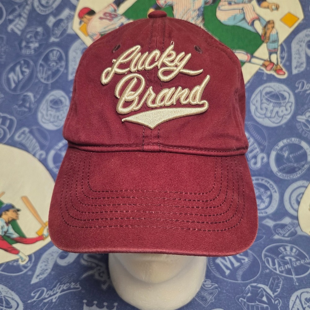 Lucky Brand Hat Unisex OS Maroon Red Script Logo Adjustable Cotton Baseball Cap